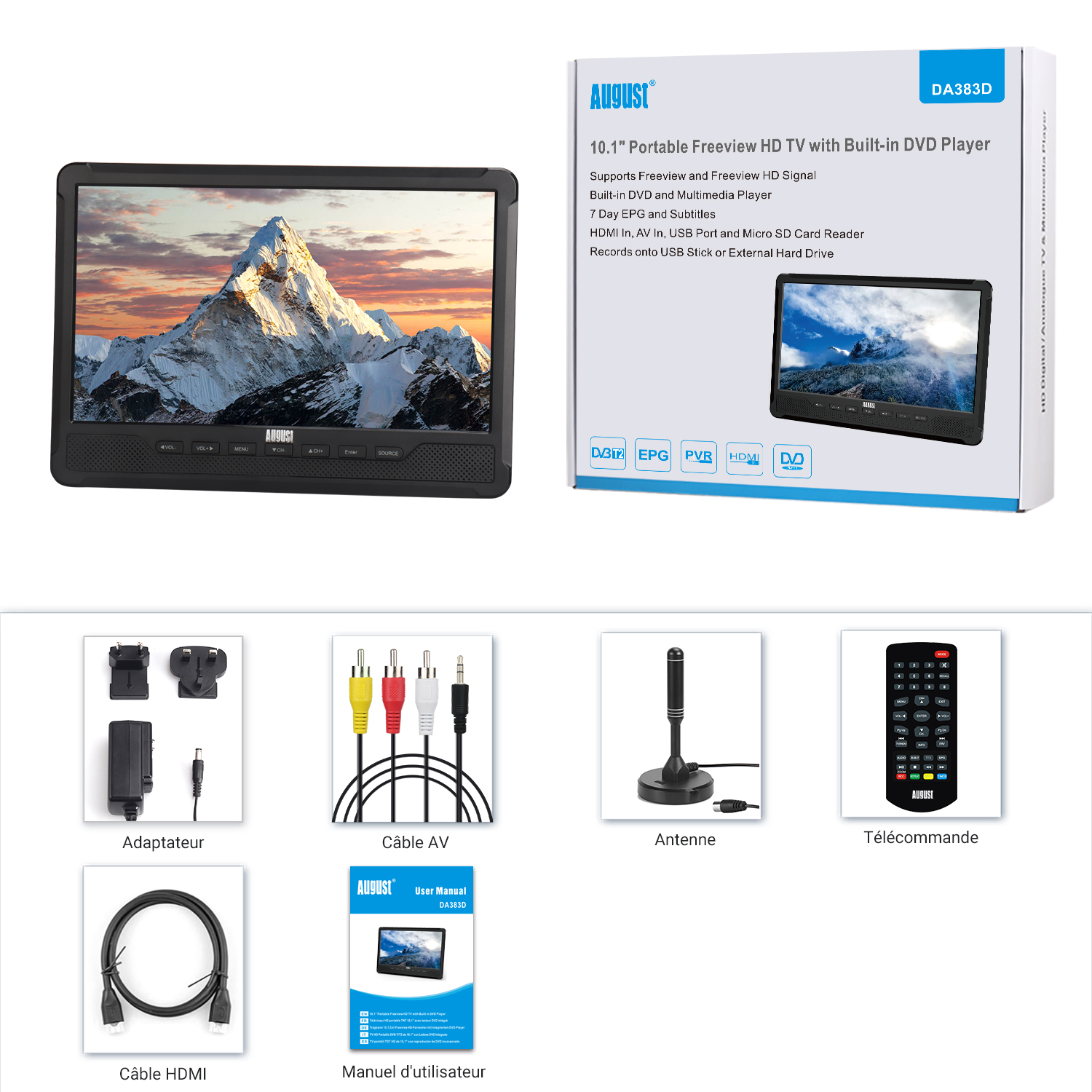 Télévision portable avec lecteur DVD intégré, idéale pour caravane, camping-car ou cuisine August DA383