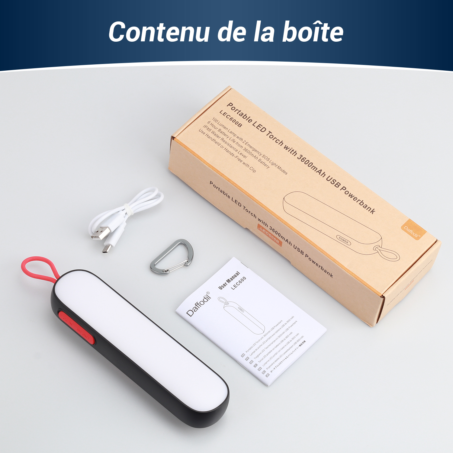 Lampe de camping extérieure rechargeable – Daffodil LEC600 – Lampe torche LED portable 3600 mAh avec 3 modes d'éclairage – Lampe torche rouge 42 LED/lumière de secours IPX6 étanche pour voyage et camping